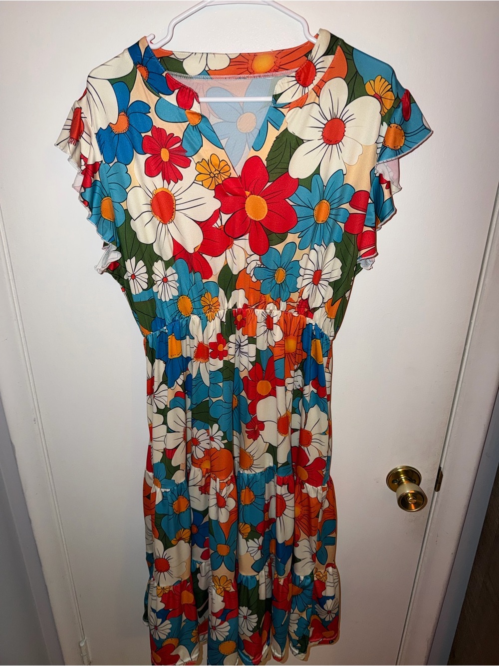 Amazon Floral Midi Dress in Red, Blue, Cream & Green
